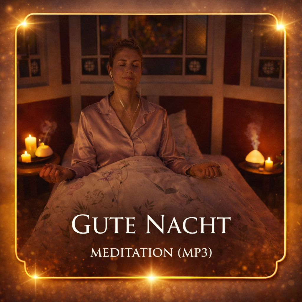 Frau liegt entspannt im Bett und hört eine Gute-Nacht-Meditation zum Einschlafen – ruhiges Abendritual mit LuxCocoon