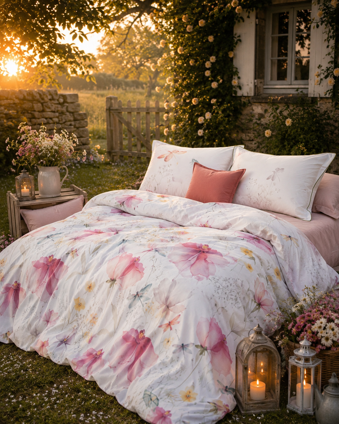 Bettwäsche in Deutschland produziert – Design Libellula von Lux Cocoon mit aquarell Blumenmuster, fließendem Mako-Satin und romantischer Landhausstil -Umgebung.