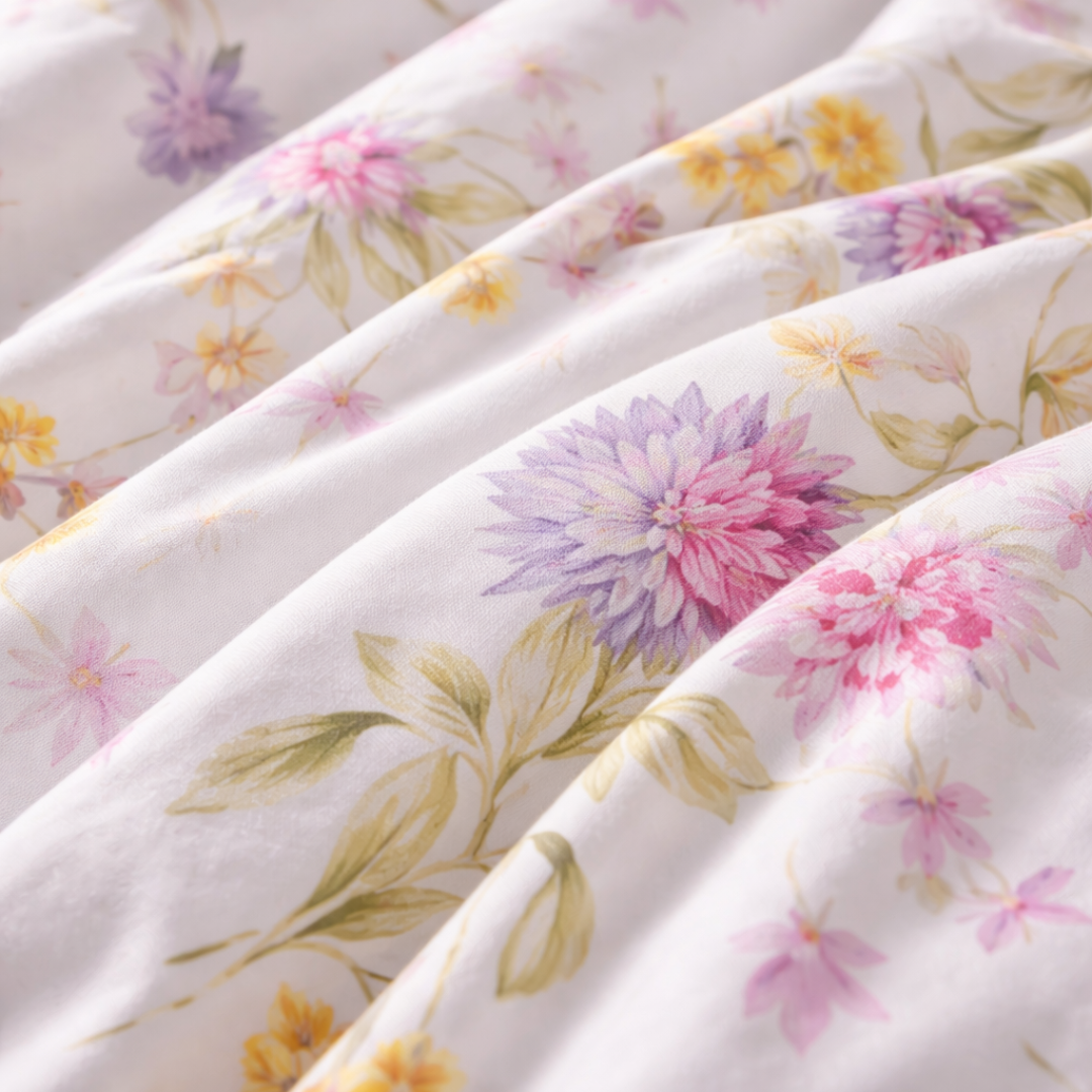 Detailaufnahme der Mako-Satin Bettwäsche Delia im künstlerischen Aquarellstil