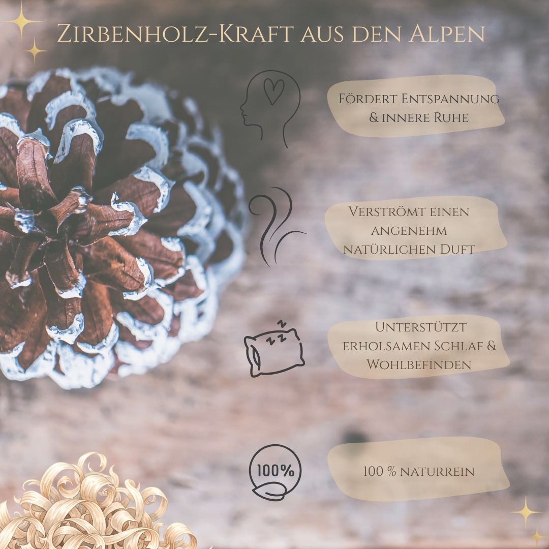 Symbolisches Moodbild mit Zirbenzapfen und Holzspänen – zeigt die natürliche Wirkung und Reinheit des Zirbenholzes.