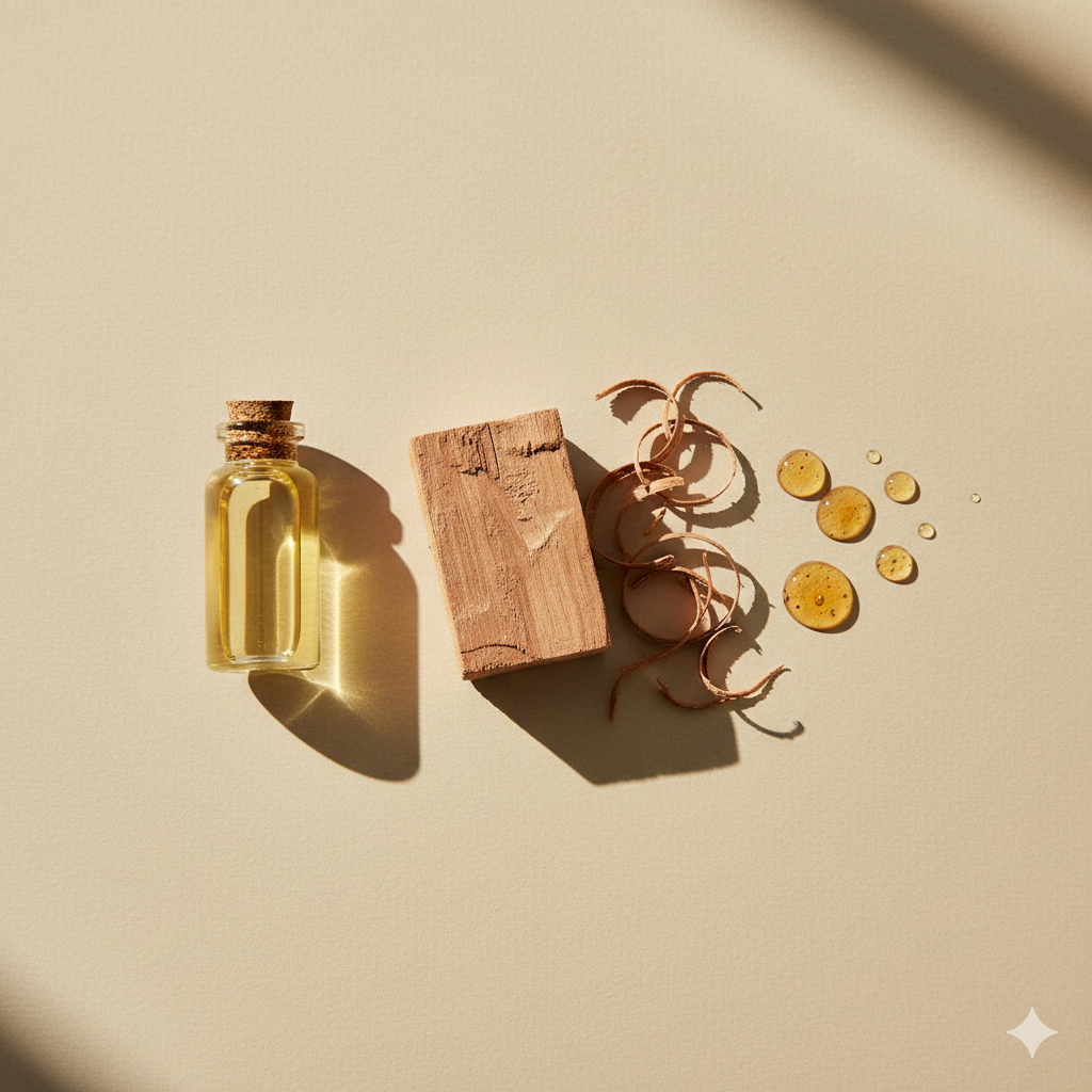 lachliegendes Stillleben mit ätherischem Ölfläschchen, Holzkiste und Trockenblüten – Symbol für natürliche Aromatherapie und achtsame Abendrituale von LuxCocoon.