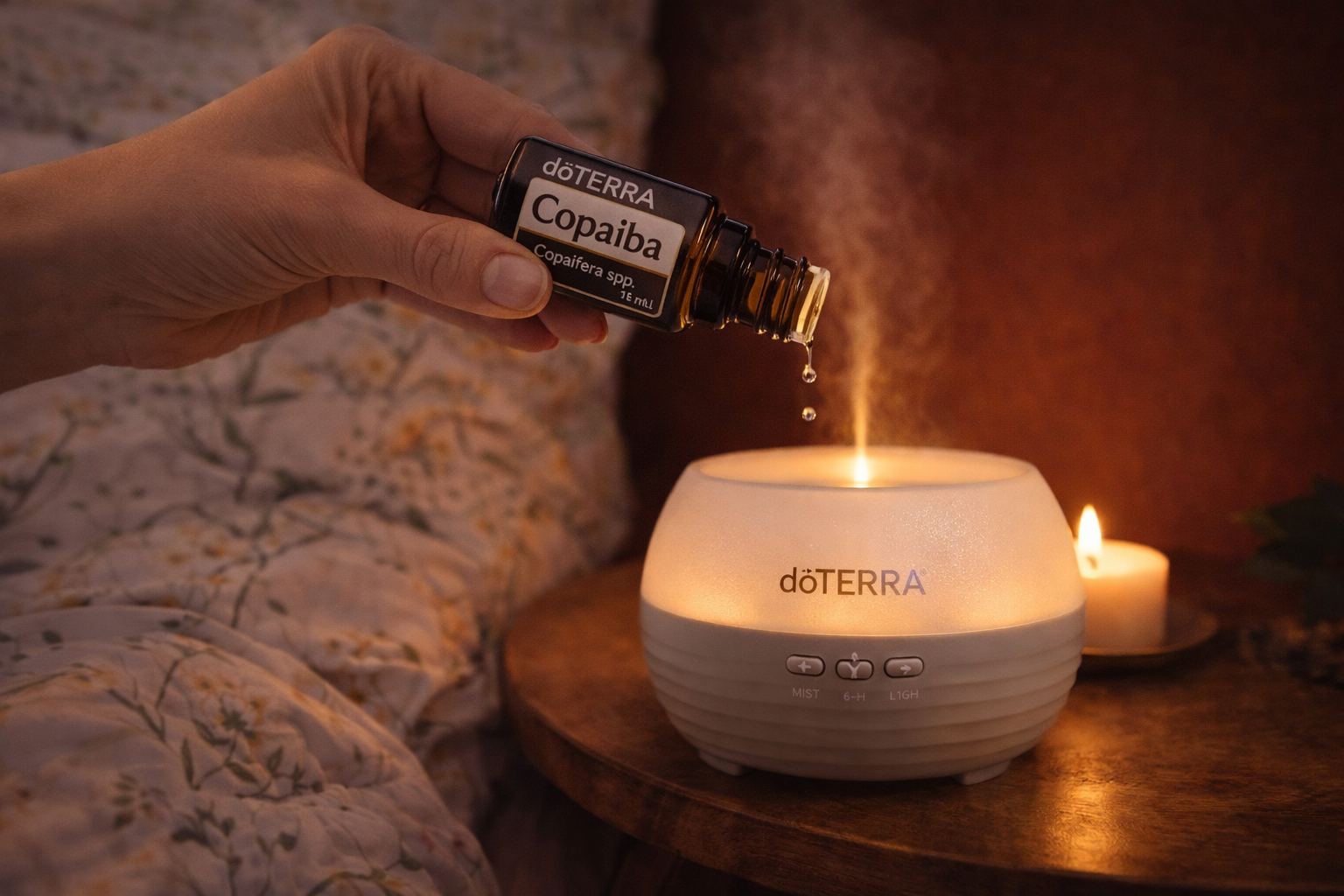 Aromatherapie mit Copaiba Öl im Diffuser – warmes Abendritual zur Förderung von Ruhe und Gelassenheit