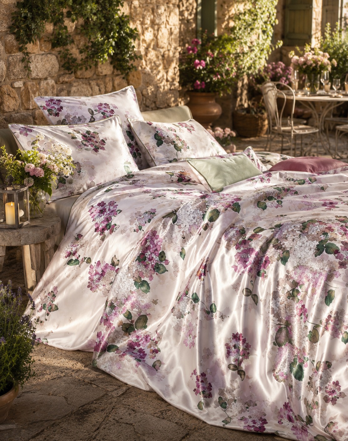 Bettwäsche in Deutschland produziert – luxuriöses Design Belagio von Lux Cocoon mit floralen Hortensien, italienischem Landhaus-Flair und edlem Mako-Satin-Glanz