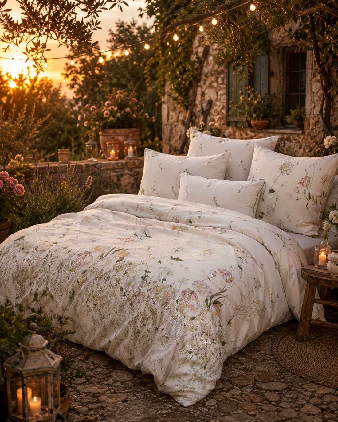 Bettwäsche in Deutschland produziert – Design Erika von Lux Cocoon aus hochwertigem Mako-Satin in mediterranem Bauerngarten-Setting mit natürlicher Abendstimmung und sanftem Glanz