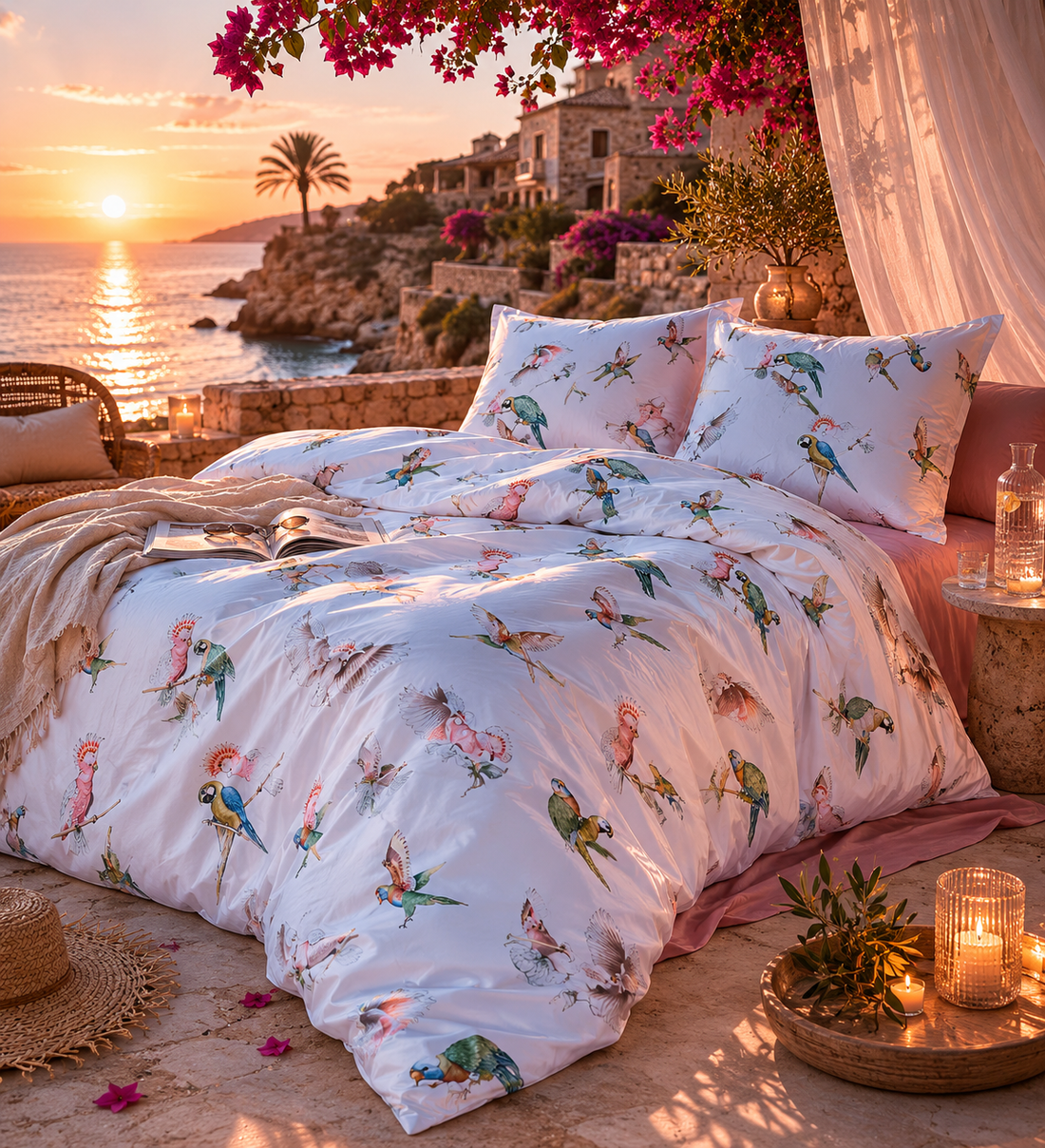 Bettwäsche in Deutschland produziert – Design Exotische Vögel von Lux Cocoon mit tropischem Vogelmuster, edlem Mako-Satin-Glanz und mediterranem meer-Luxury-Setting