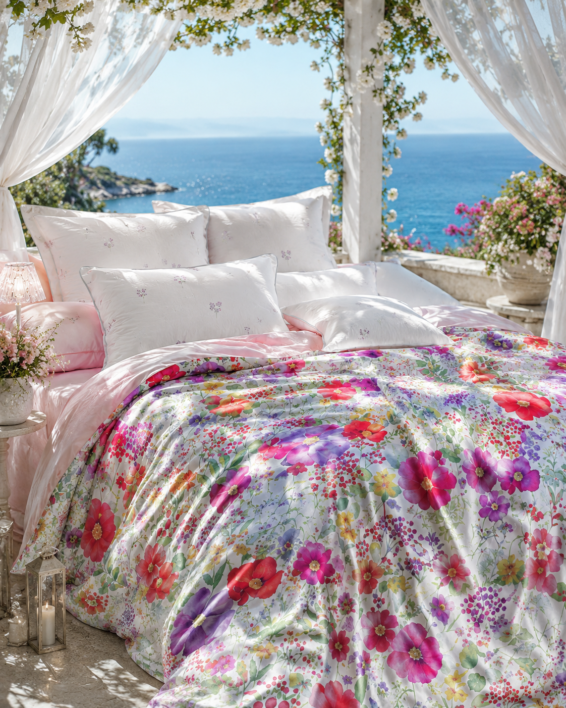 Bettwäsche in Deutschland produziert – farbenfrohes Design Sommerblume von Lux Cocoon mit floralem Muster, leicht glänzendem Mako-Satin und sommerlichem Himmelbett am Meer