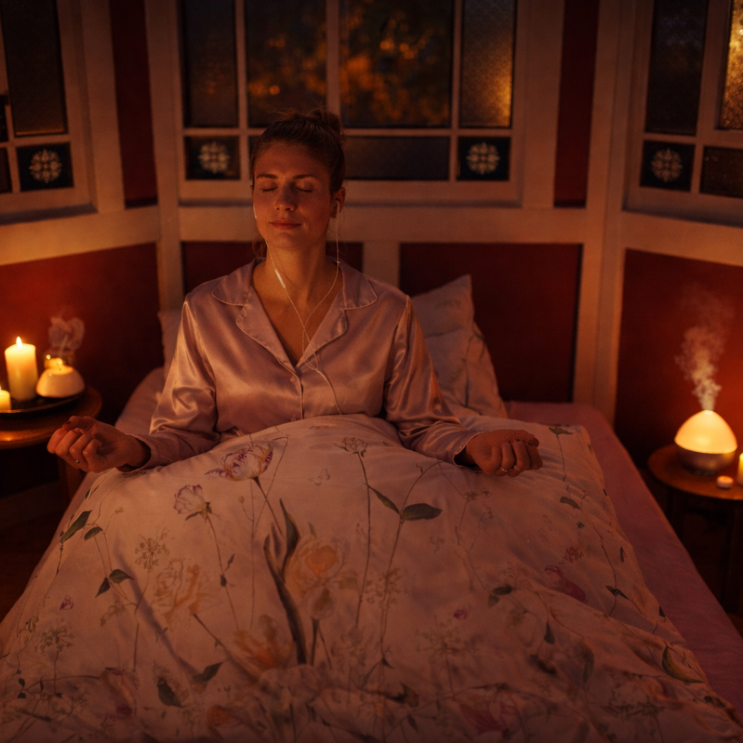 Frau liegt entspannt im Bett und hört eine Gute-Nacht-Meditation zum Einschlafen – ruhiges Abendritual mit LuxCocoon
