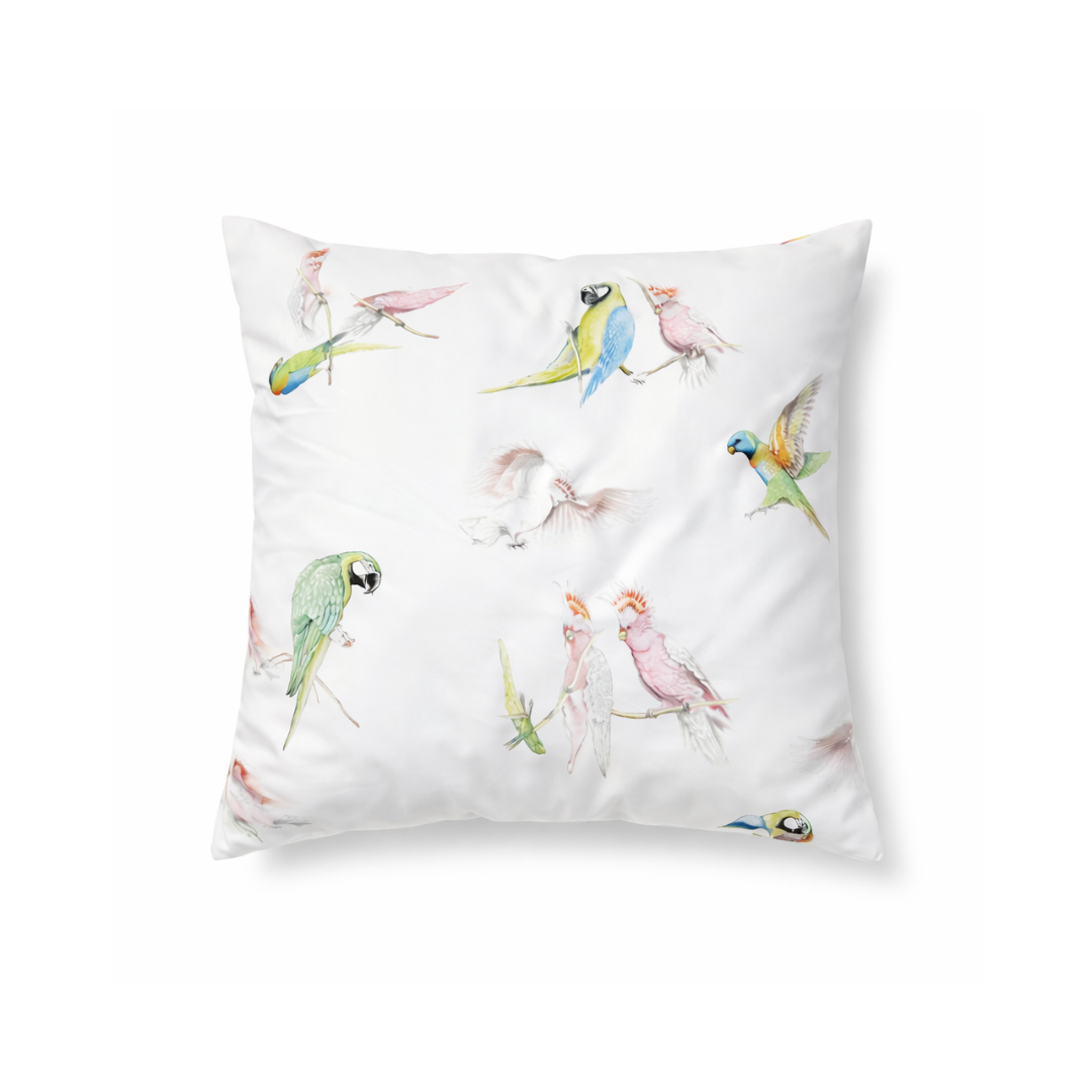 Kissenbezug Exotische Vögel aus 100 % Mako-Satin in Größe 40x40 cm mit floralem Vogel-Design und Reißverschluss