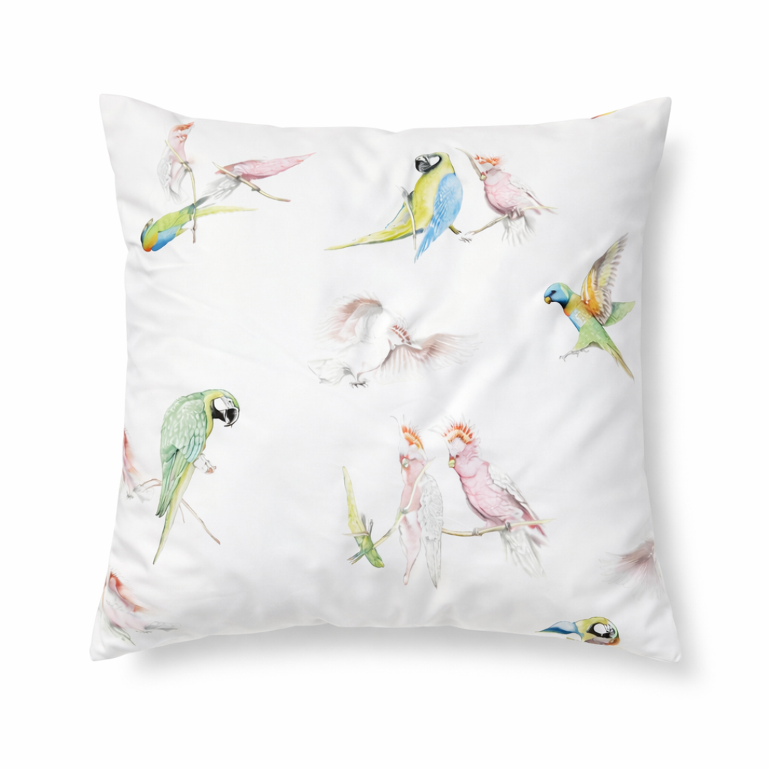 Großer Kissenbezug Exotische Vögel 80x80 cm aus Mako-Satin mit Papageien und Kakadus