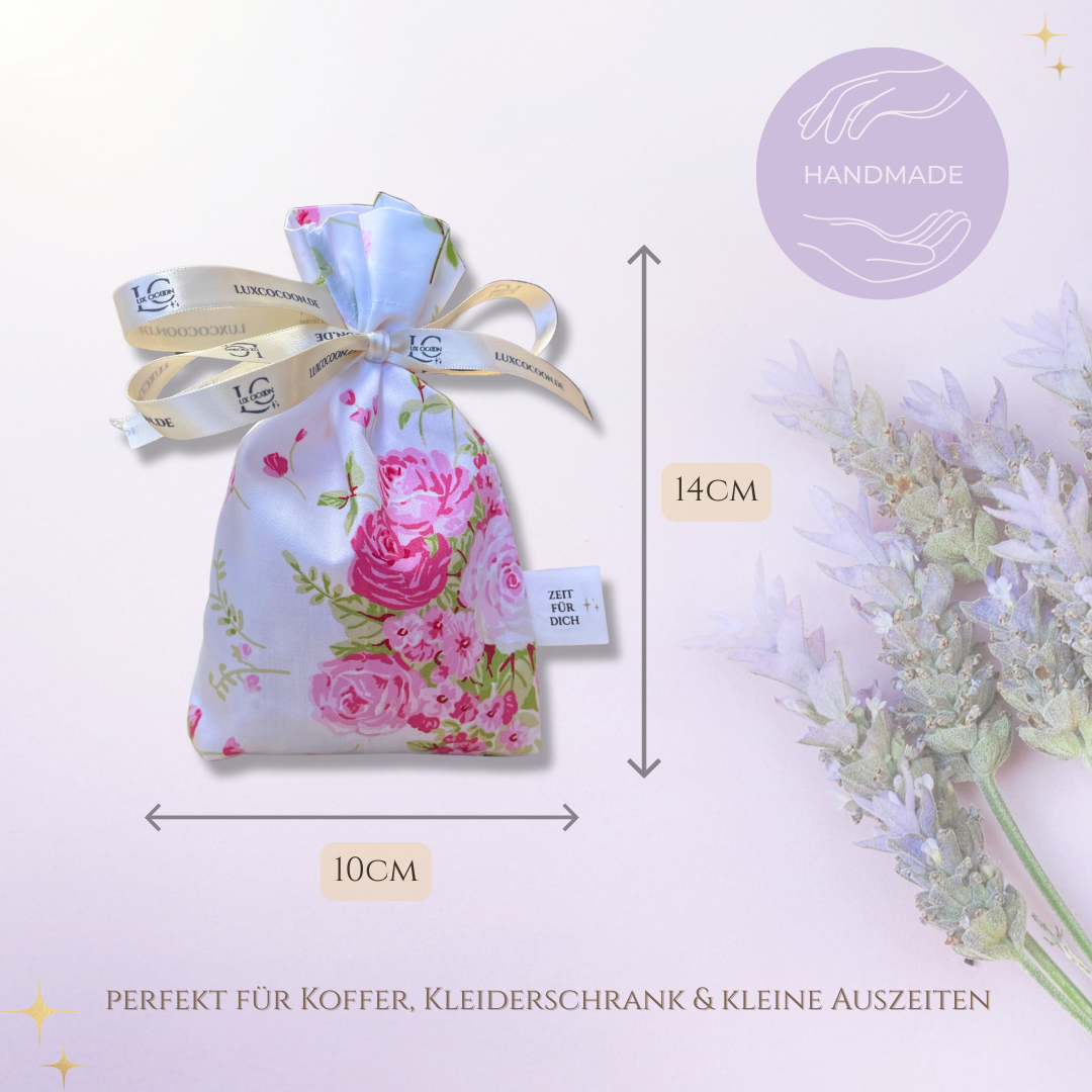 LuxCocoon Lavendelsäckchen aus Mako-Satin, 10 x 14 cm, handgefertigt und mit austauschbarem Innensäckchen.
