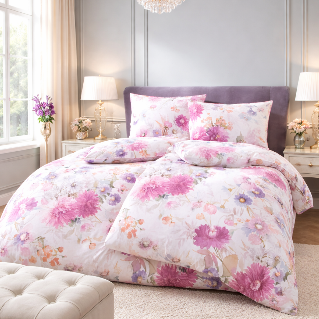 Mako-Satin Bettwäsche Fleur Rosée von LuxCocoon in elegantem Schlafzimmer mit floralen Rosé-Akzenten.