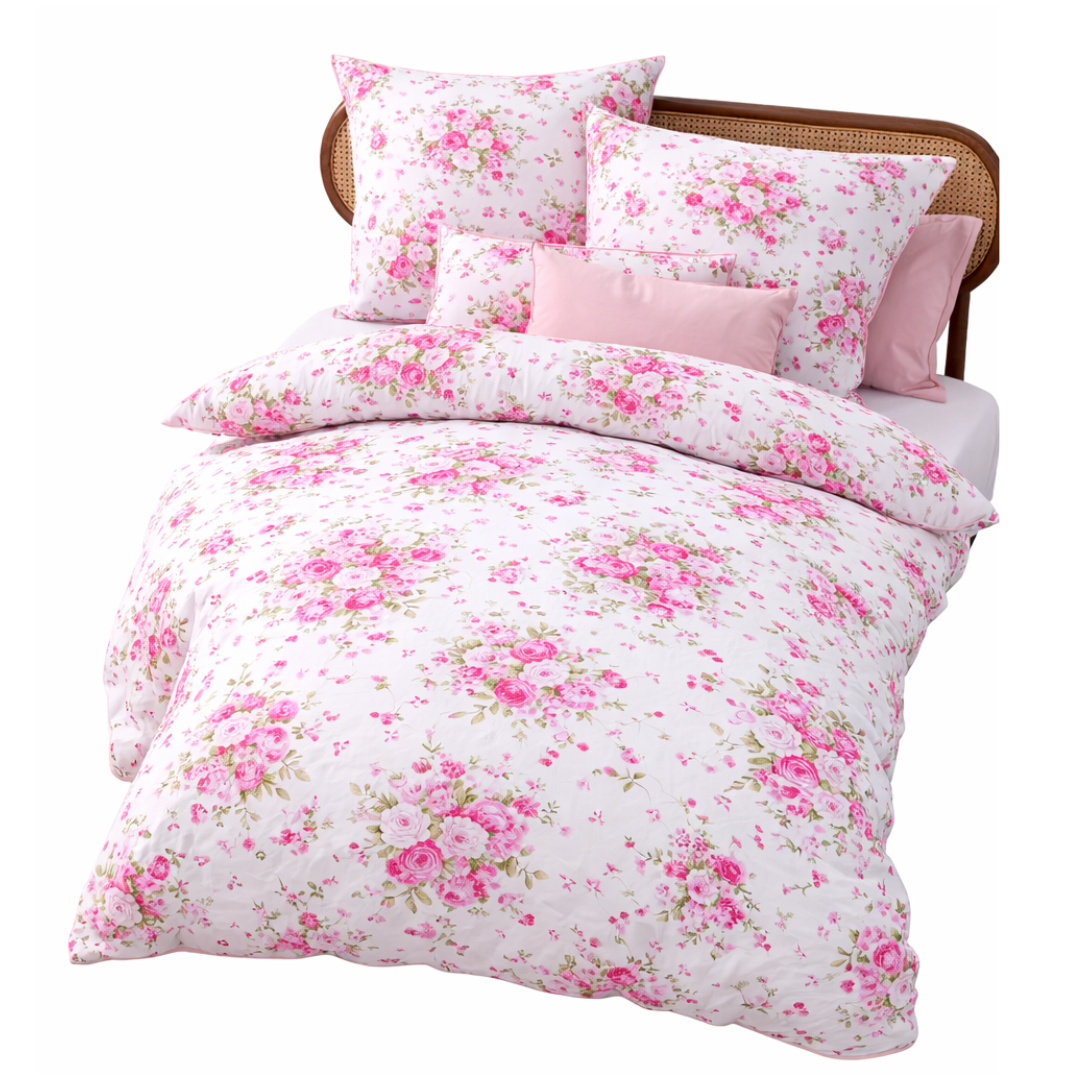 Mako-Satin Bettwäsche Rosalyn von LuxCocoon mit zartem Rosenmuster in Rosa, freigestellt auf weißem Hintergrund.