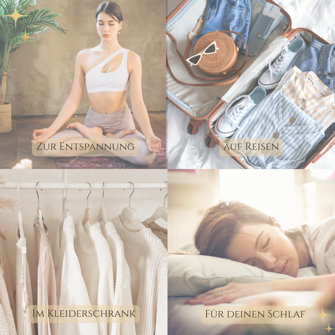 Collage mit vier Anwendungsszenen des LuxCocoon Mini-Zirbenkissens – zur Entspannung, auf Reisen, im Kleiderschrank oder zum Schlaf.